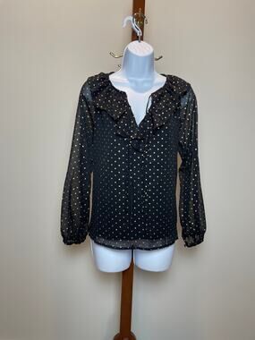 J.Crew Top Size XS Black Chiffon Sheer Sleeve Gold Polka Dot Ruffle V Neck NWT